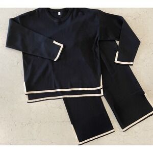 Women's 2pc Black Knitted Tops Pants Sweater Wide Leg Pants Stretch NEW Med